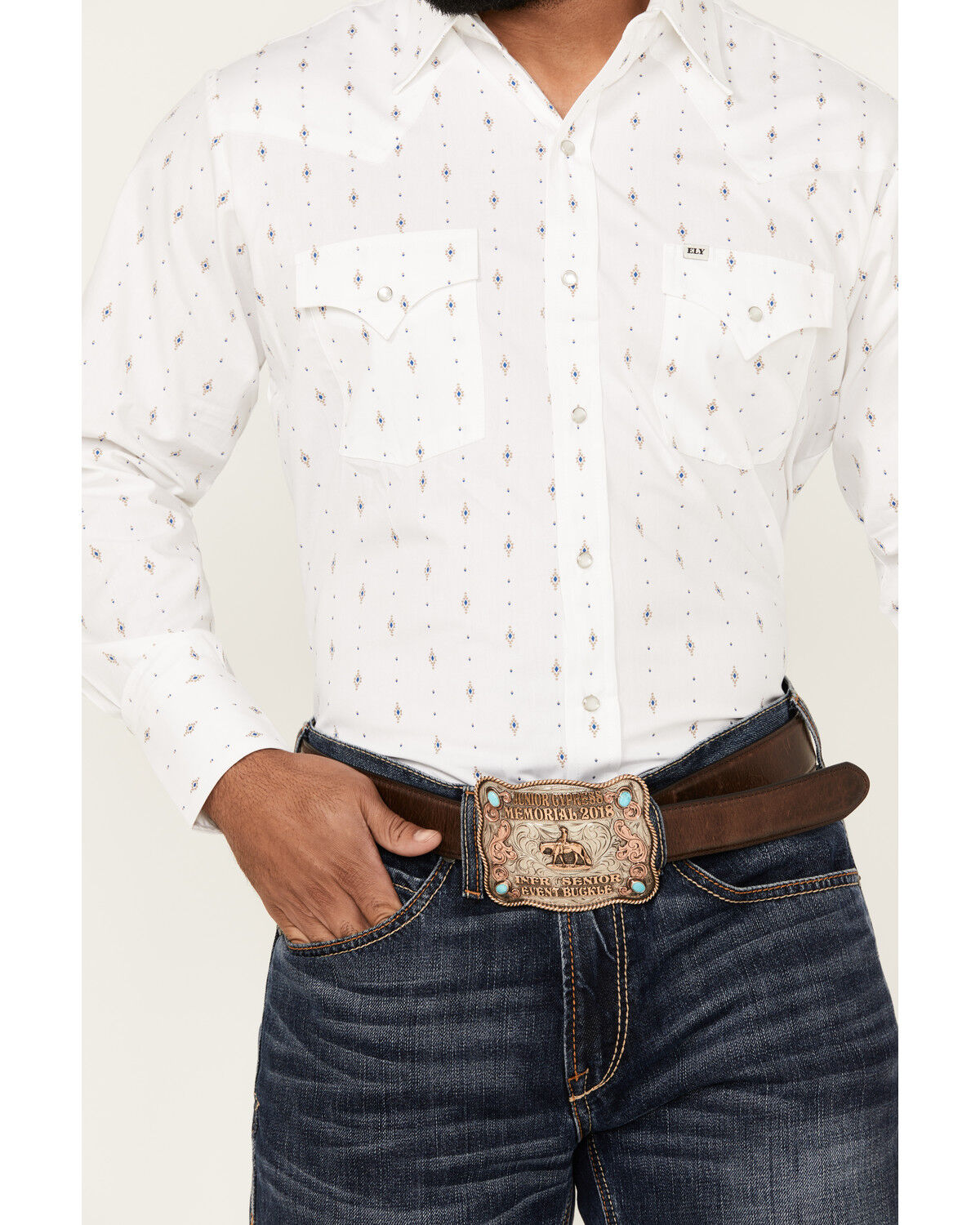 Image #3 - Ely Walker Men's Diamond Southwestern Print Long Sleeve Snap Western Shirt, White, hi-res