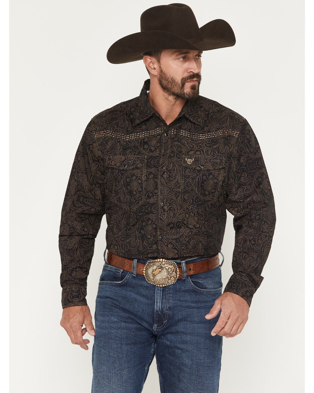 Cowboy Hardware Men's Tooled Floral Print Long Sleeve Snap Stretch Western Shirt, Dark Brown, hi-res
