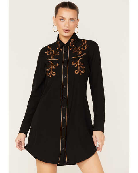 Roper Women's Western Embroidered Shirt Dress, Black, hi-res