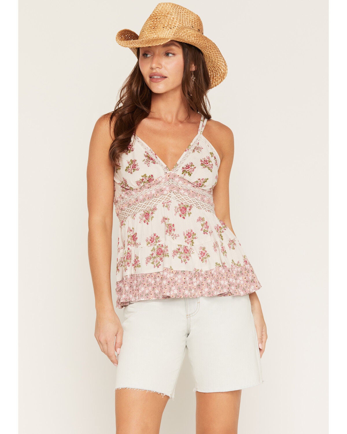 Angie Women's Floral Print Lace Trim Tank Top, Ivory, hi-res