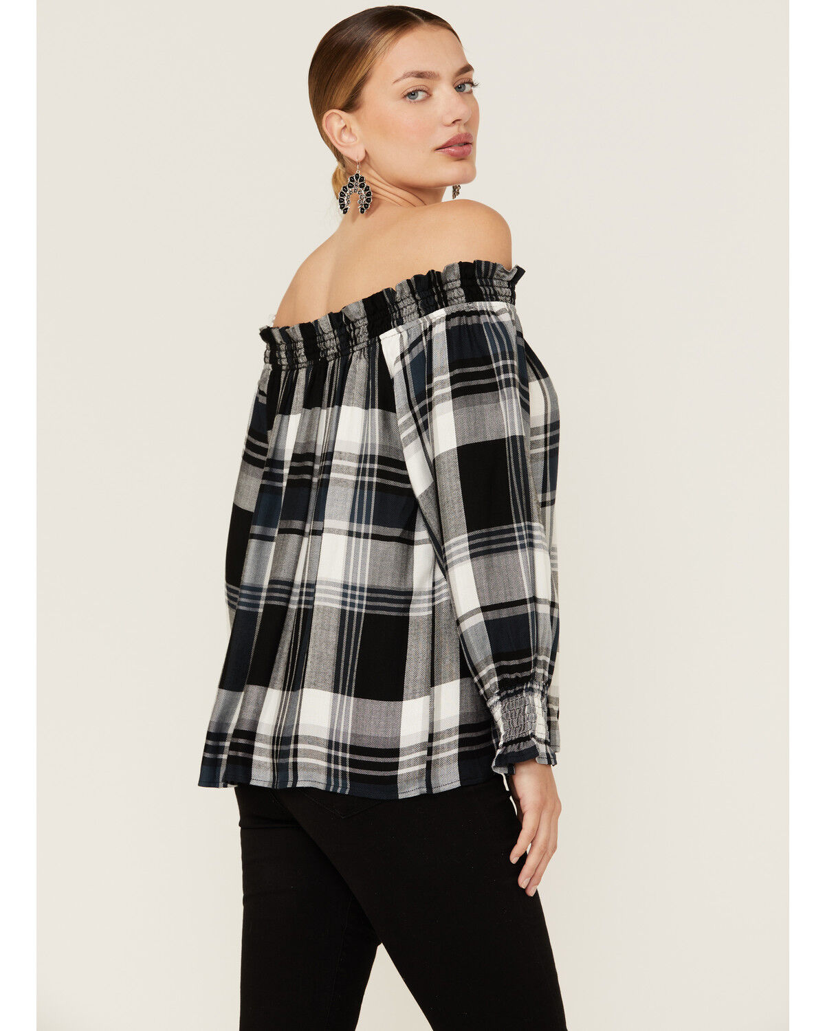 Image #3 - Wild Moss Women's Plaid Navy Off The Shoulder Top, Black, hi-res