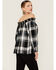 Image #3 - Wild Moss Women's Plaid Navy Off The Shoulder Top, Black, hi-res