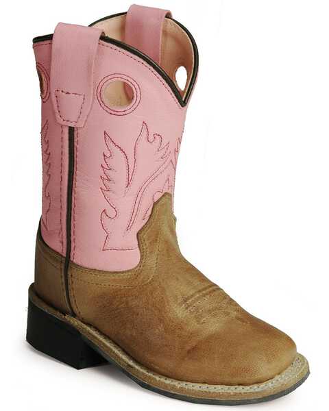 Old West Toddler Girls' Pink Western Boots - Square Toe, Tan, hi-res