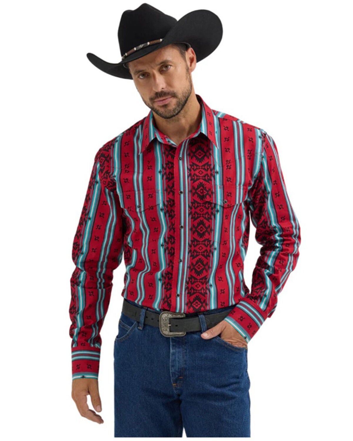 Wrangler Men's Checotah Sonoran Printed Long Sleeve Snap Western Shirt, Red, hi-res