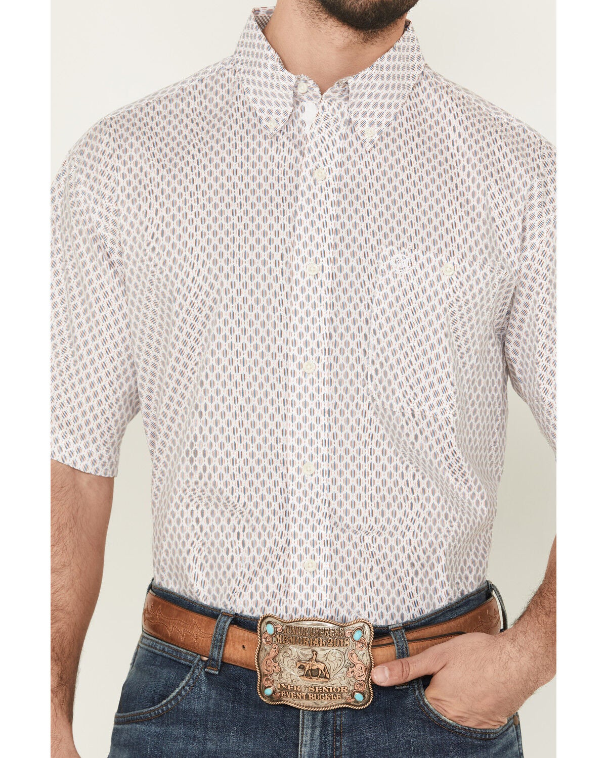 Image #3 - George Strait by Wrangler Men's Geo Print Short Sleeve Button-Down Stretch Western Shirt, White, hi-res