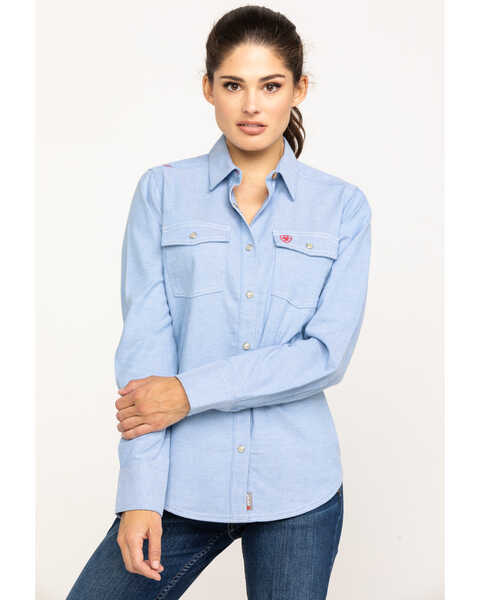 Ariat Women's FR Solid DuraStretch Long Sleeve Snap Work Shirt, Blue, hi-res