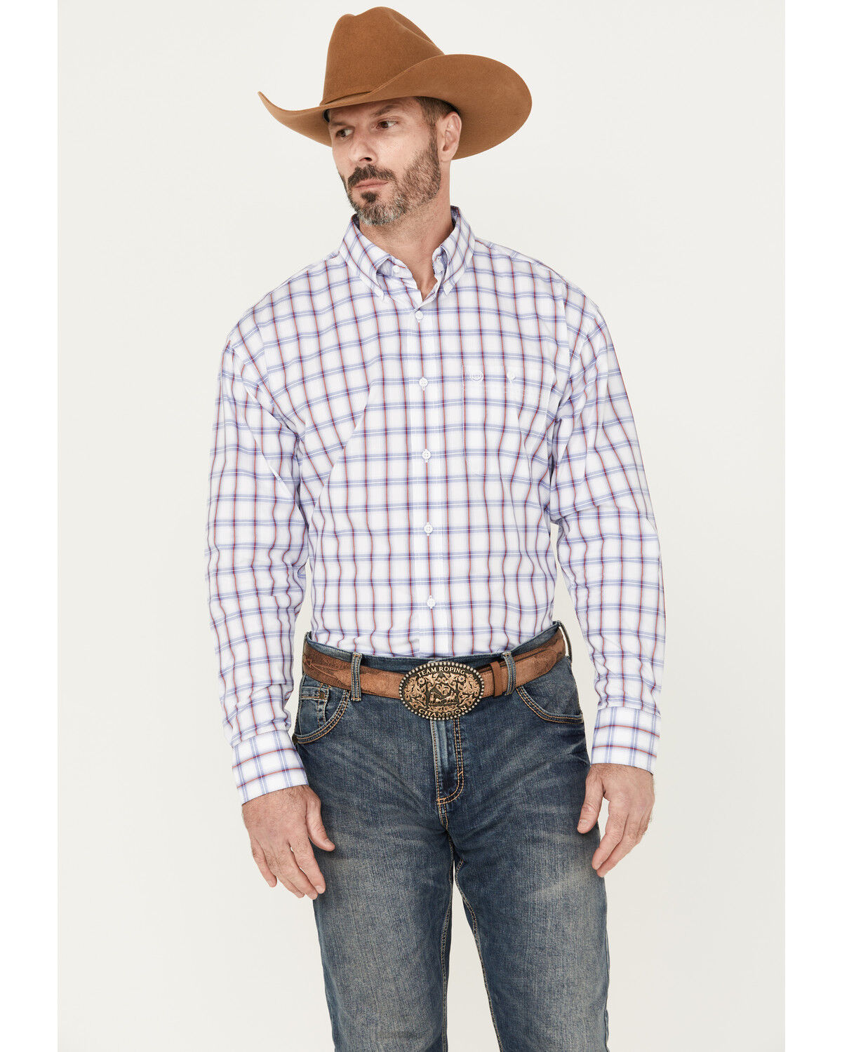 Image #1 - George Strait by Wrangler Men's Plaid Print Long Sleeve Button-Down Western Shirt - Big, White, hi-res