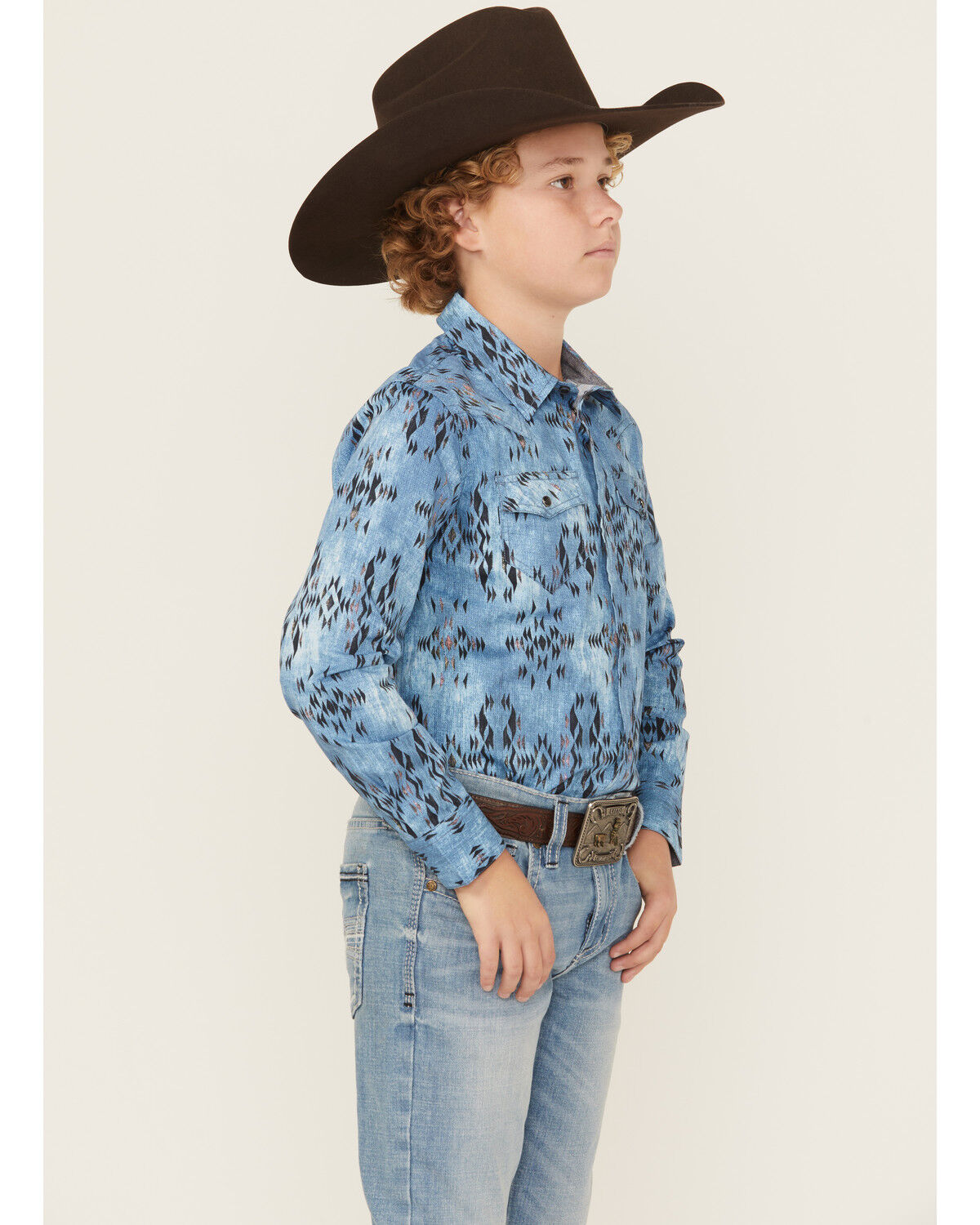 Image #3 - Cody James Boys' Maverick Southwestern Print Long Sleeve Snap Western Shirt, Blue, hi-res