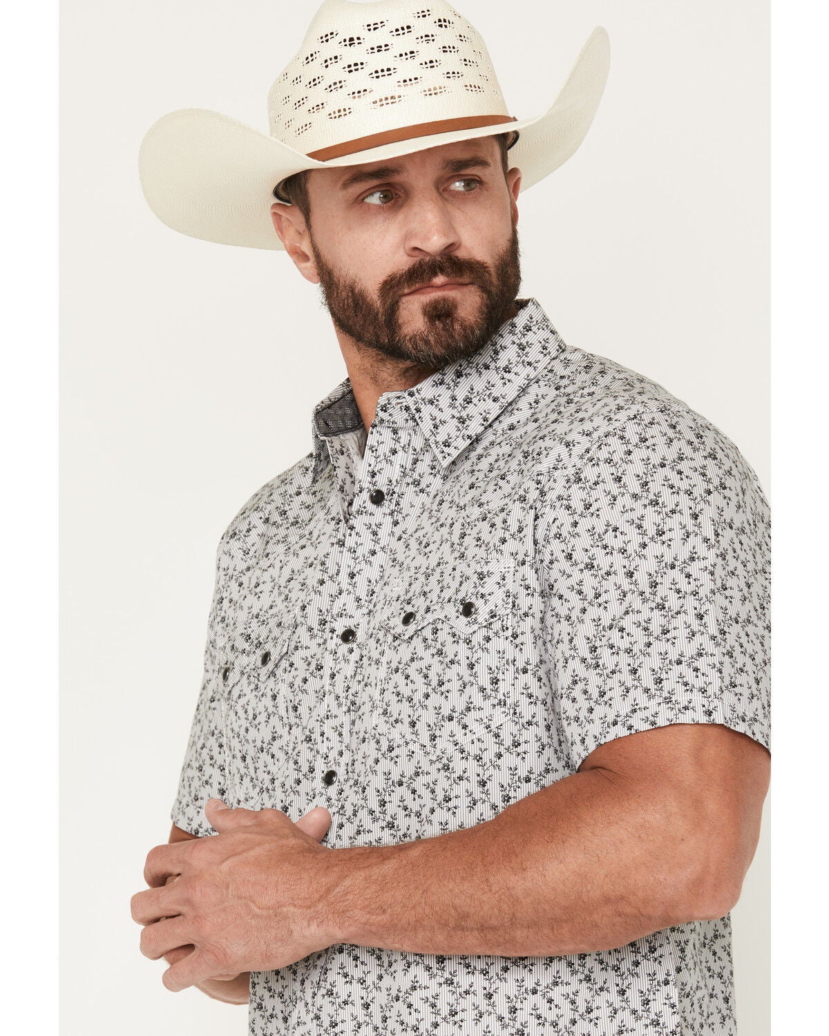 Image #2 - Moonshine Spirit Men's Runaway Floral Print Short Sleeve Snap Western Shirt, White, hi-res