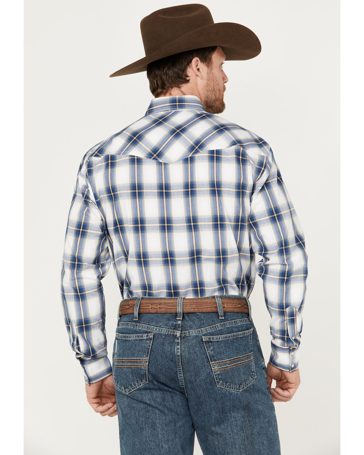 Image #4 - Roper Men's Amarillo Plaid Print Long Sleeve Western Pearl Snap Shirt, Blue, hi-res