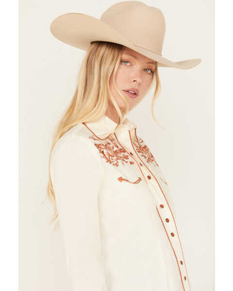 Image #2 - Rockmount Ranchwear Women's Embroidered Scenic Long Sleeve Pearl Snap Western Shirt , Ivory, hi-res