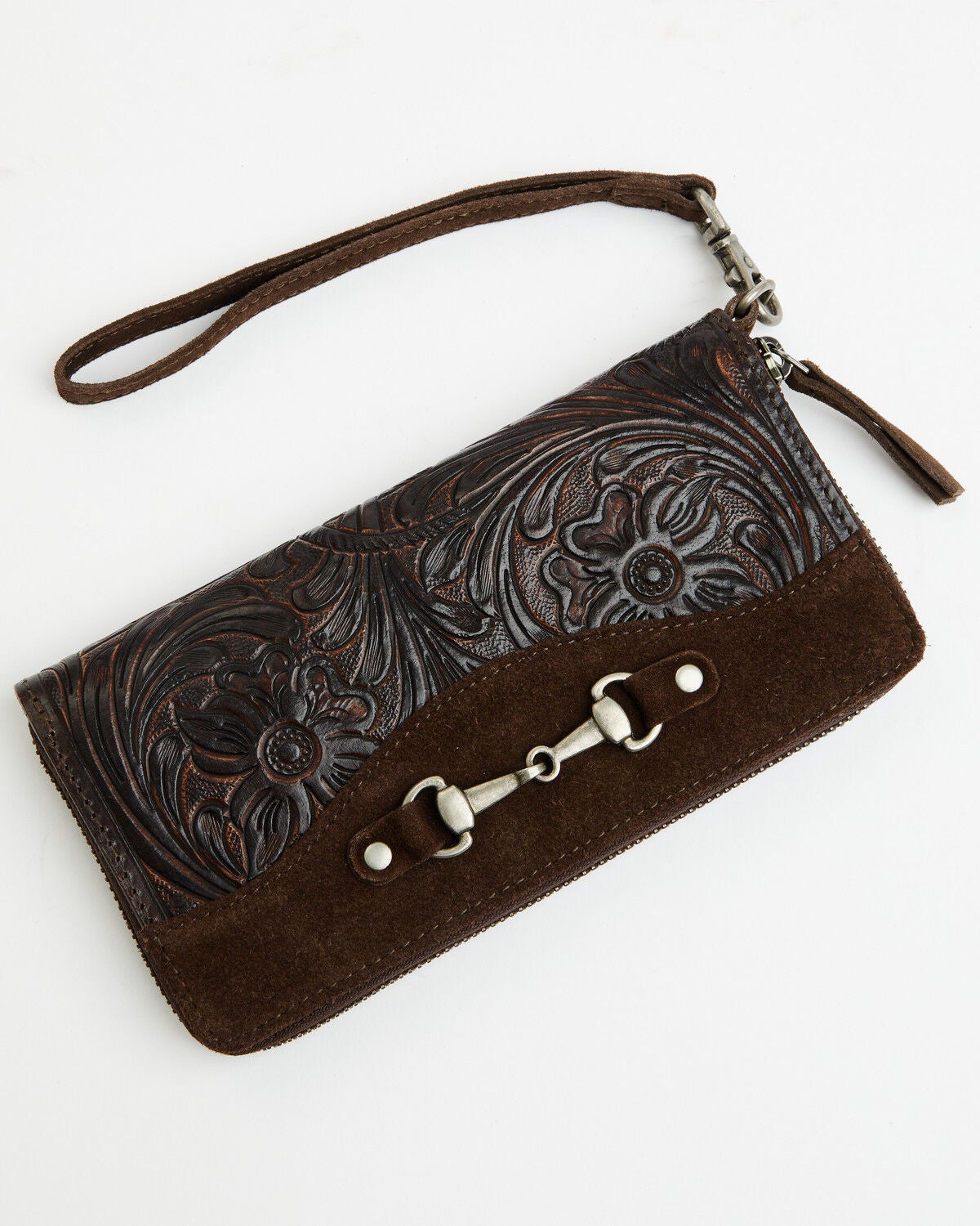 Shyanne Women's Riley Full Zip Tooled Leather Horse Bit Wallet, Dark Brown, hi-res
