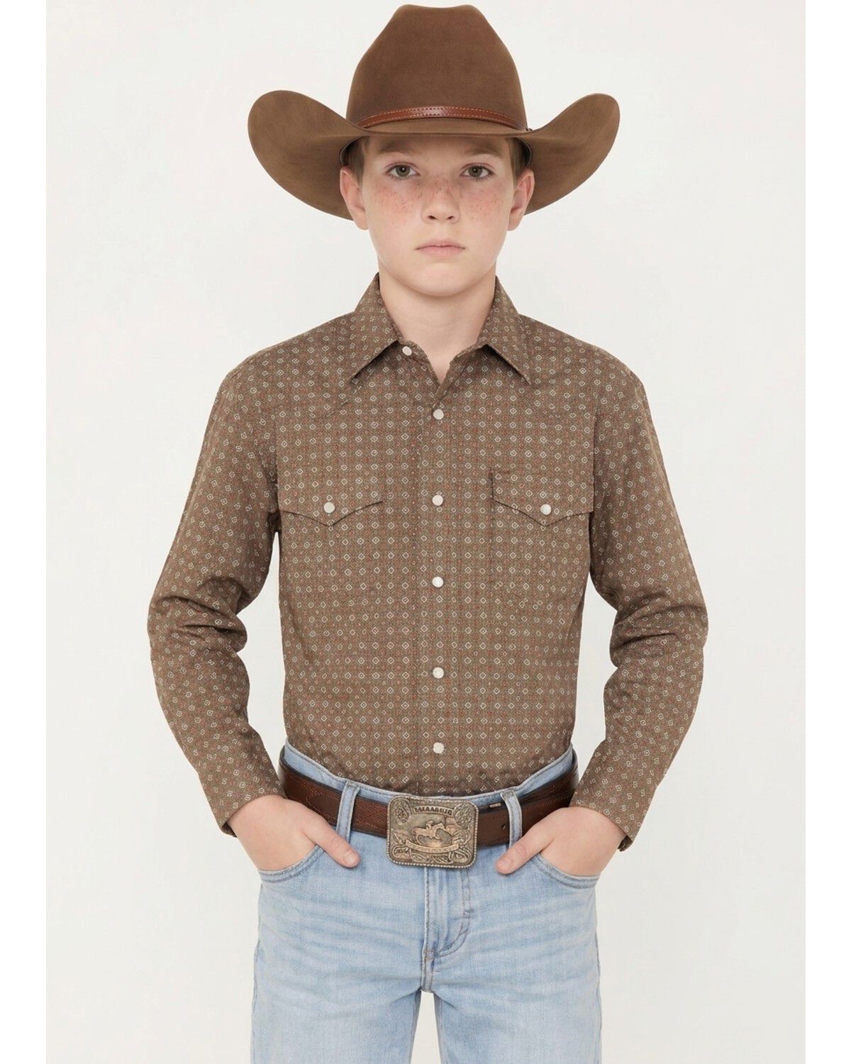 Image #1 - Panhandle Boys' Geo Print Long Sleeve Pearl Snap Stretch Western Shirt, Olive, hi-res