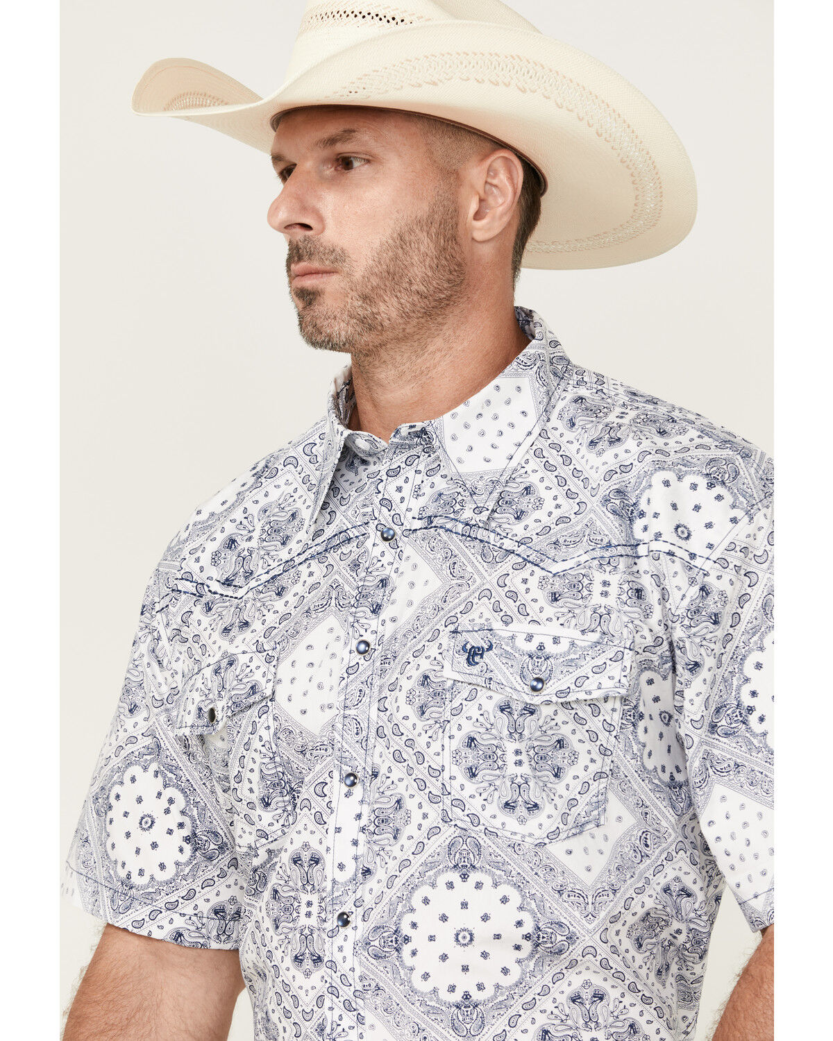 Image #2 - Cowboy Hardware Men's Boot Barn Exclusive Bandana Print Short Sleeve Snap Western Shirt, Navy, hi-res