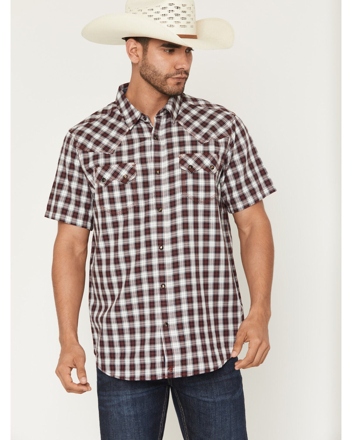 Image #1 - Moonshine Spirit&reg; Men's West Virginia Plaid Print Short Sleeve Snap Flannel Shirt, Burgundy, hi-res