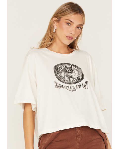 Image #2 - Wrangler Women's Chasing Cowboys Ain't Easy Cropped Graphic Tee, White, hi-res