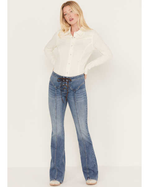 Image #1 - Idyllwind Women's Copper Ridge Low Rise Lace Flare Jeans, Medium Wash, hi-res