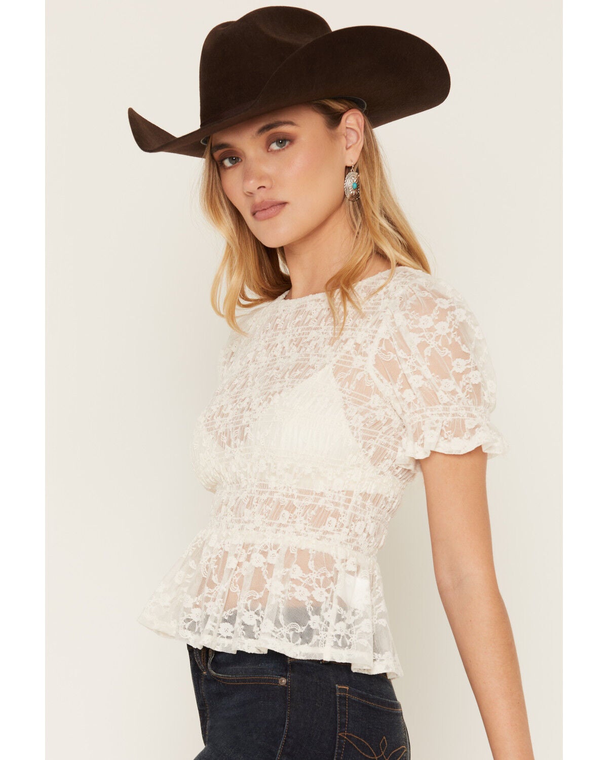 Image #2 - Ash & Violet Women's Ruching Lace Short Sleeve Tee, White, hi-res
