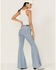 Shyanne Women's High Rise Super Flare Southwestern Laser Print Denim Jeans, Light Wash, hi-res