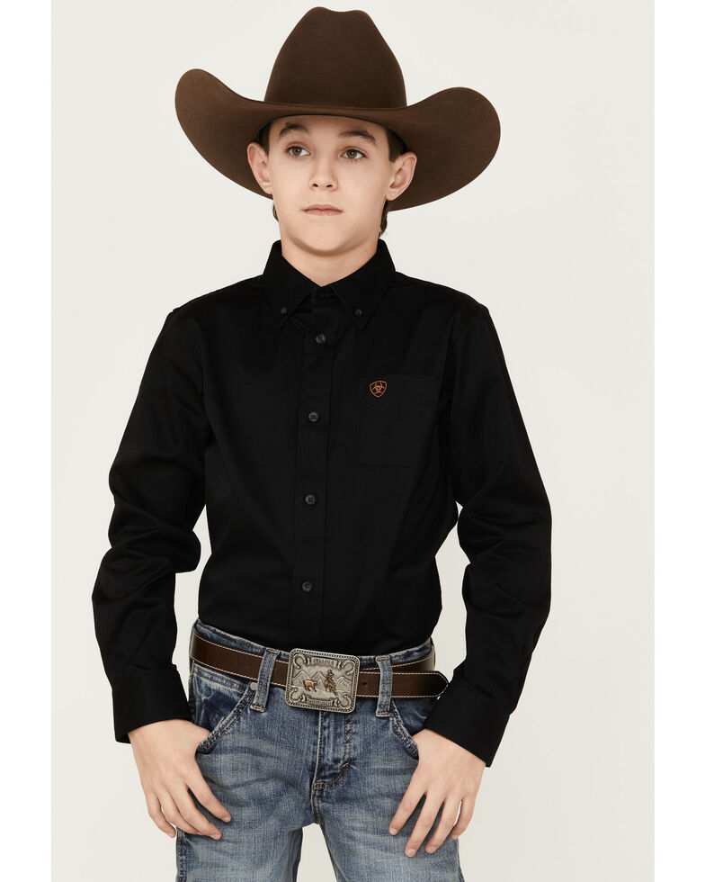 Ariat Boys' Black Solid Twill Long Sleeve Button-Down Western Shirt , Black, hi-res