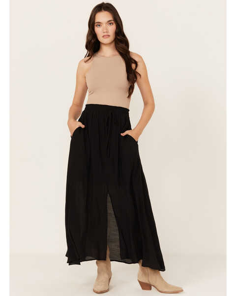 Angie Women's Solid Front Slit Maxi Skirt , Black, hi-res