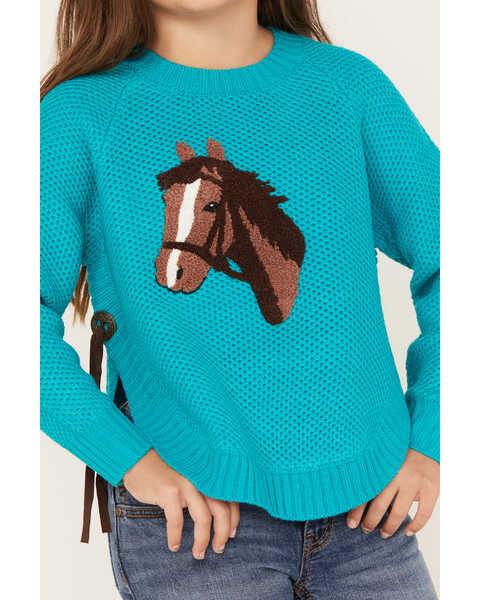 Image #3 - Cotton & Rye Girls' Horse Graphic Sweater, Turquoise, hi-res