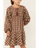 Hayden Girls' Gingham Plaid Print Long Puff Sleeve Dress , Brown, hi-res