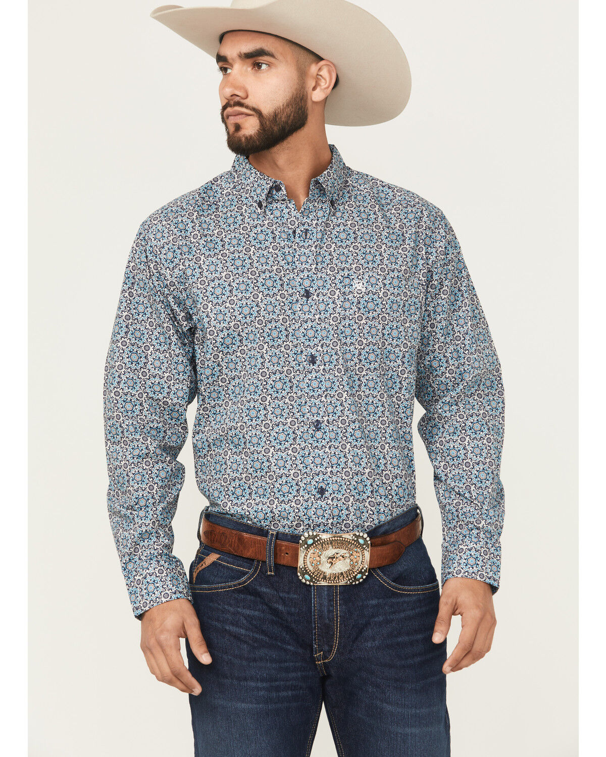 Image #1 - Ariat Men's Santiago Floral Print Long Sleeve Button-Down Western Shirt, Dark Teal, hi-res