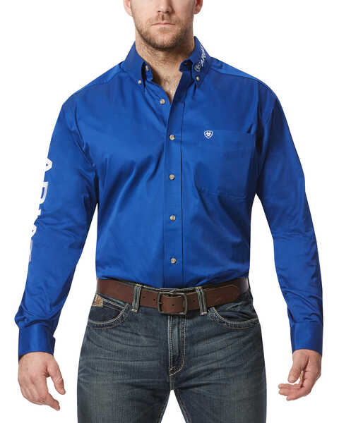 Image #1 - Ariat Men's Solid Twill Team Logo Long Sleeve Button-Down Western Shirt, Blue, hi-res