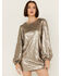 Image #2 - Rock & Roll Denim Women's Sequin Puff Long Sleeve Mini Dress, Gold, hi-res