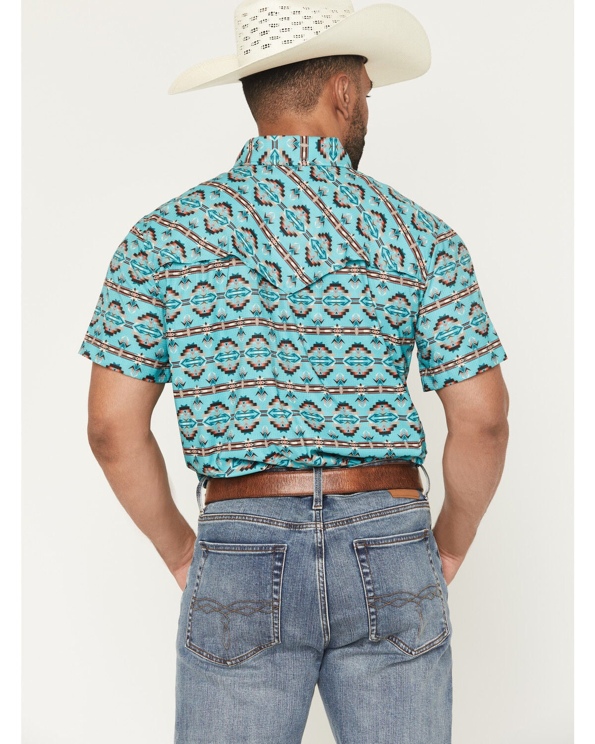 Image #4 - Rock & Roll Denim Men's TEK Southwestern Print Short Sleeve Snap Western Shirt, Turquoise, hi-res