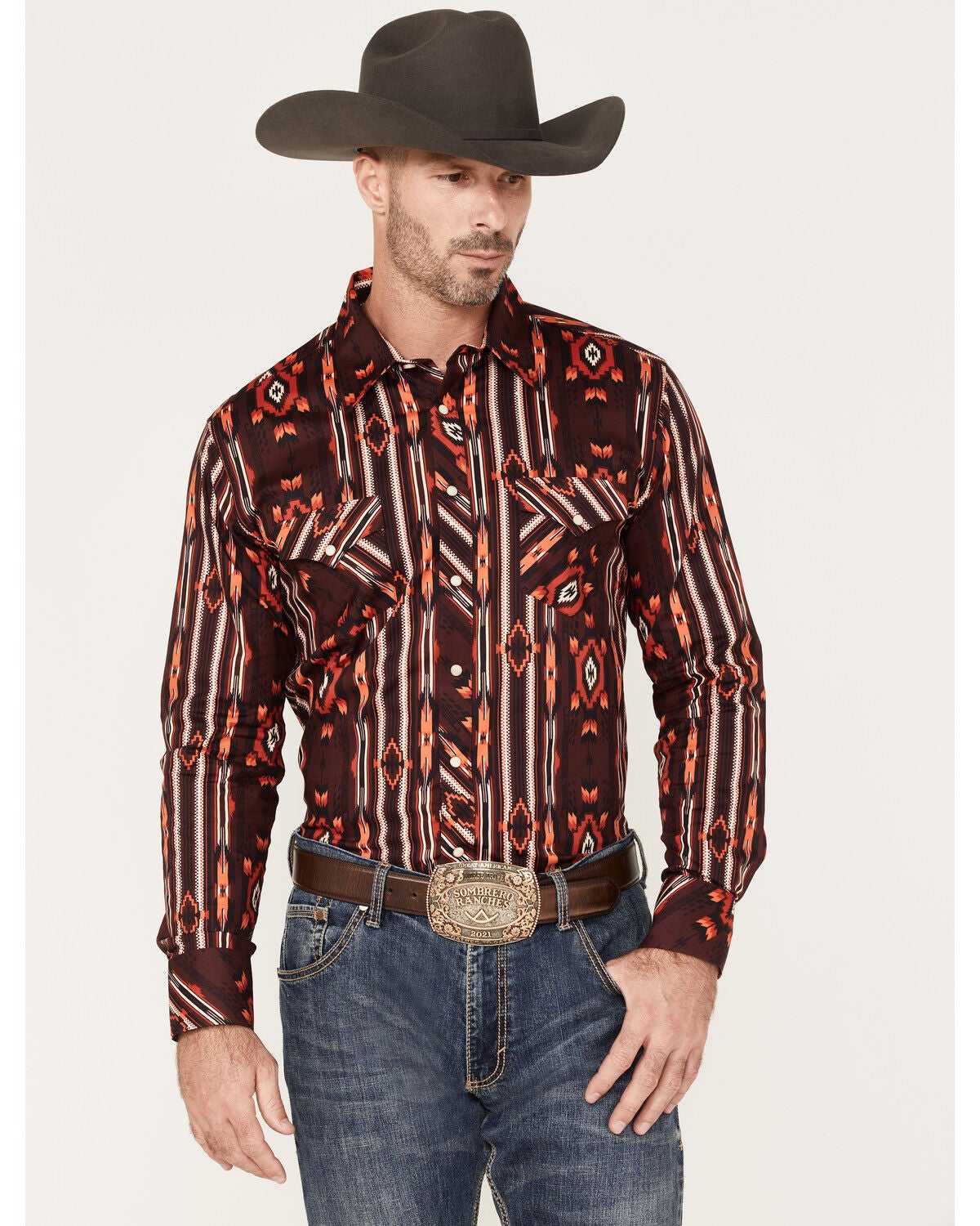 Rock & Roll Denim Men's Southwestern Stripe Stretch Long Sleeve Pearl Snap Shirt, Burgundy, hi-res