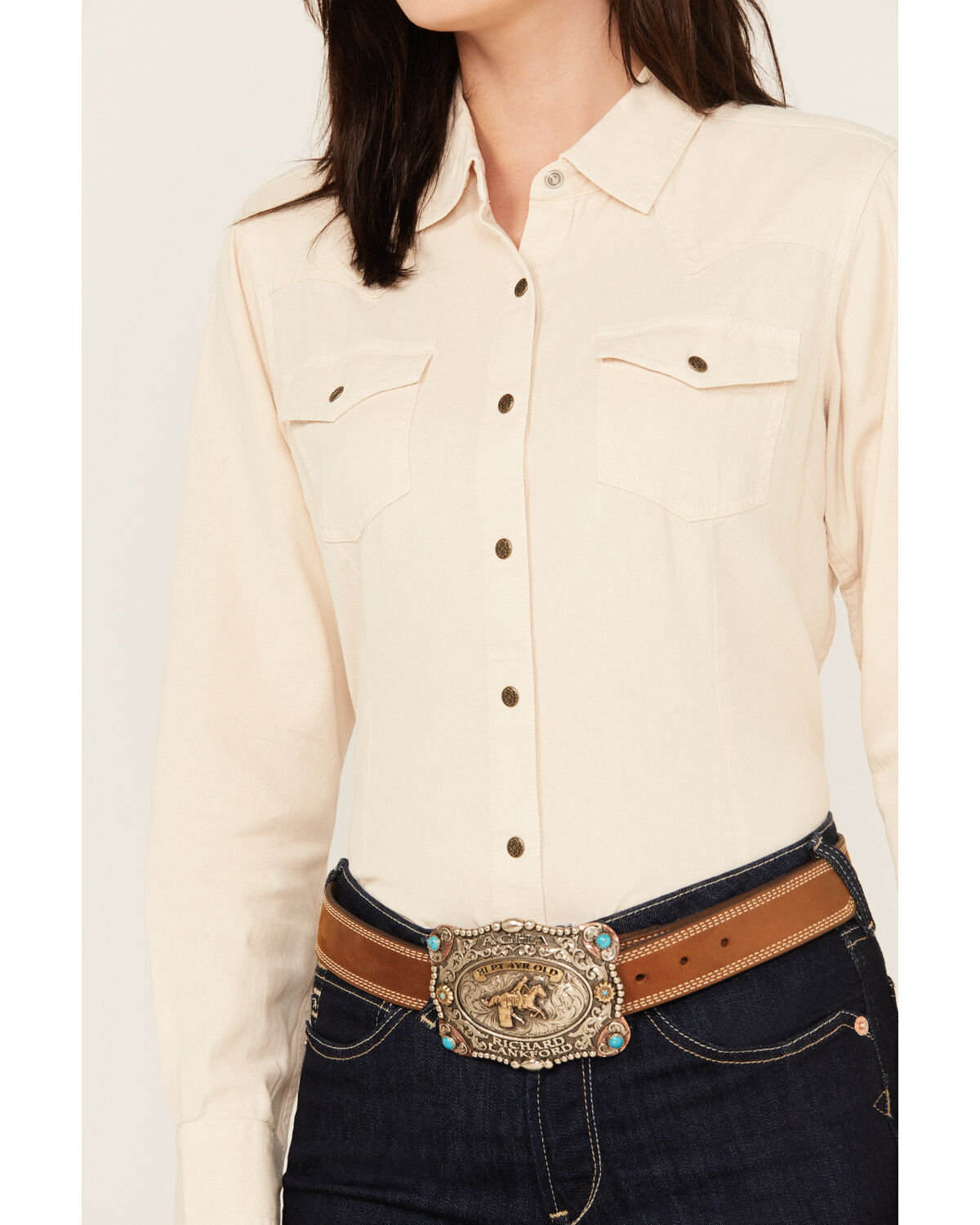 Image #3 - Ariat Women's Jurlington Solid Long Sleeve Snap Western Shirt, Cream, hi-res