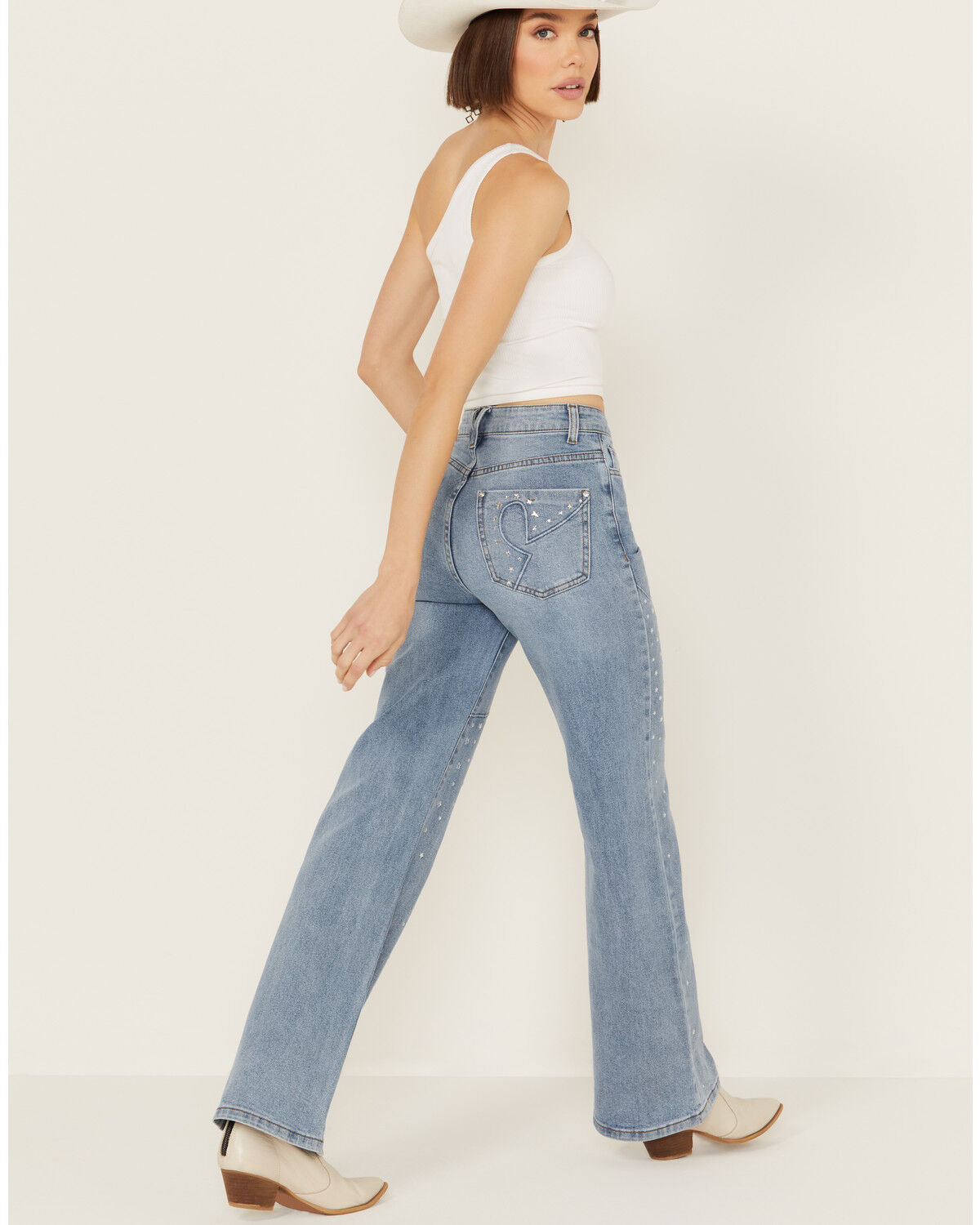 Image #3 - Vibrant Denim Women's Medium Wash High Rise Wide Leg Embellished Denim Jeans, Medium Wash, hi-res