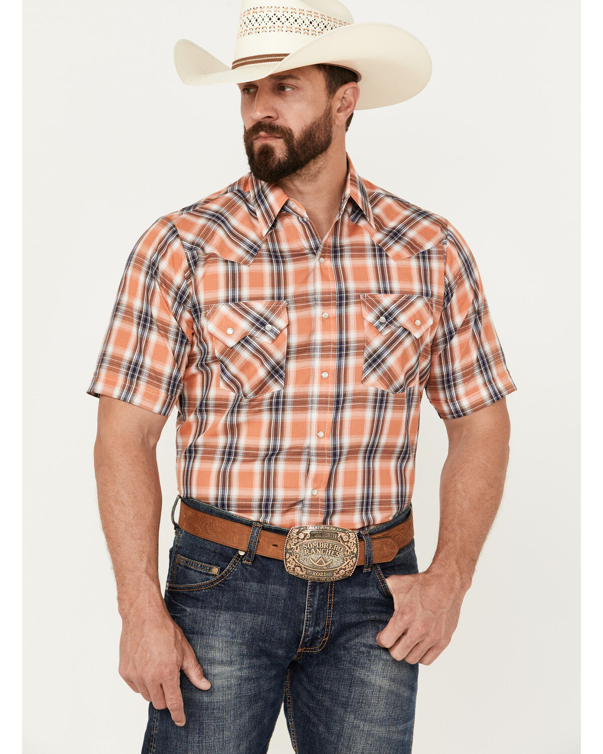 Image #1 - Ely Walker Men's Plaid Print Short Sleeve Pearl Snap Western Shirt, Orange, hi-res