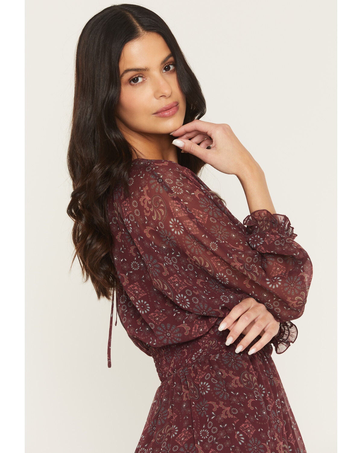 Image #2 - Shyanne Women's Glenwood Floral Print Long Sleeve Chiffon Mini Dress, Brick Red, hi-res