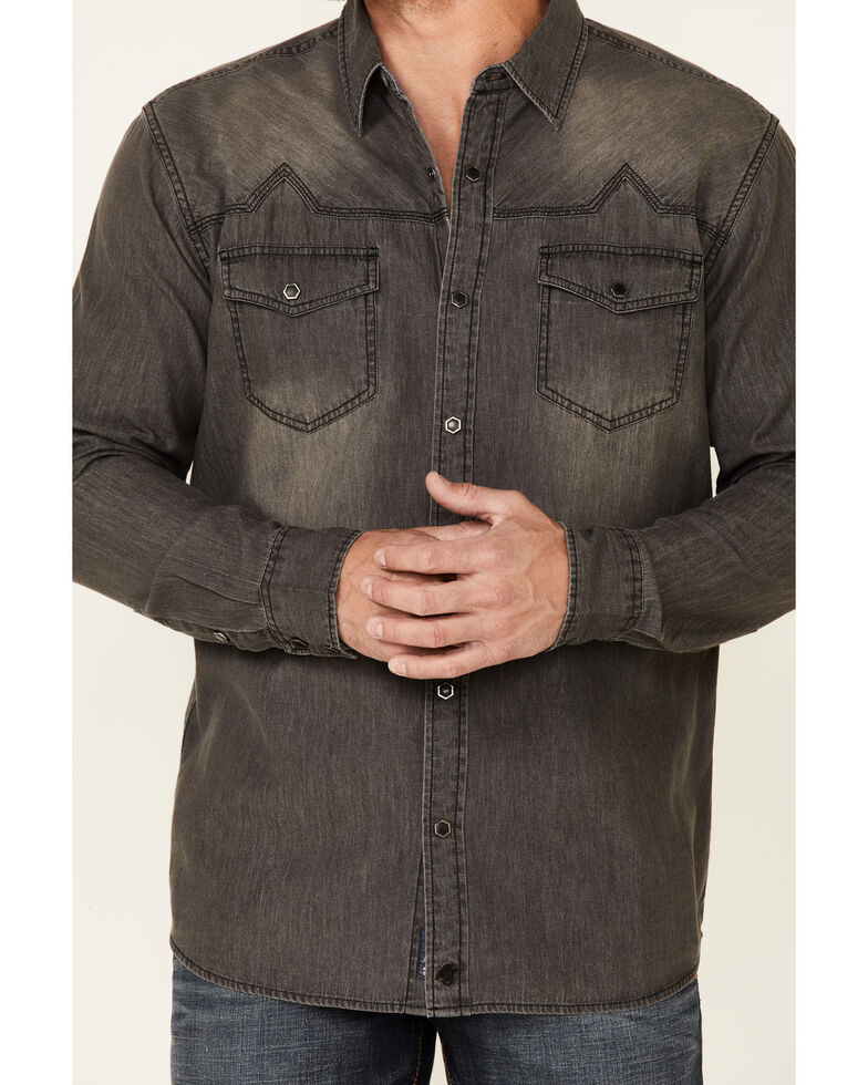 Moonshine Spirit Men's Black Diamond Chambray Solid Long Sleeve Snap Western Shirt , Grey, hi-res
