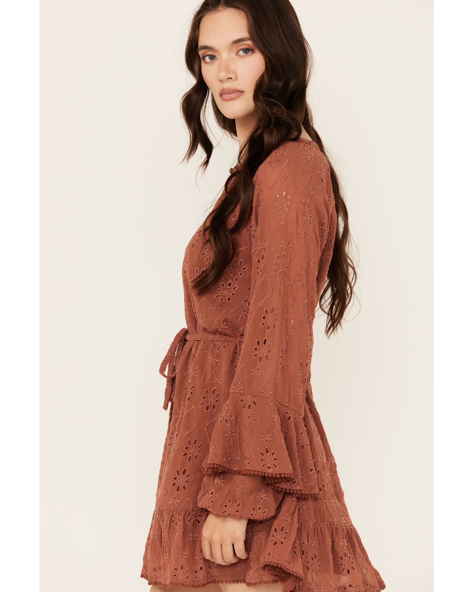 Shyanne Women's Ruffle Lace Long Sleeve Mini Dress, Chestnut