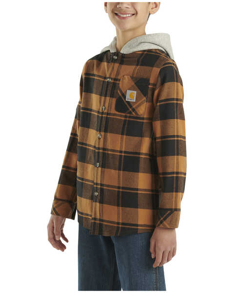 Image #2 - Carhartt Boys' Plaid Print Button-Down Long Sleeve Hooded Flannel Shirt , Medium Brown, hi-res