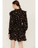 Angie Women's Floral Print Long Sleeve Black Smocked Waist Mini Dress, Black, hi-res