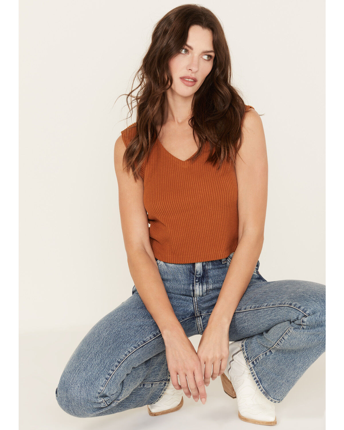 Image #1 - Cleo + Wolf Women's Ribbed V-Neck Tank, Brown, hi-res