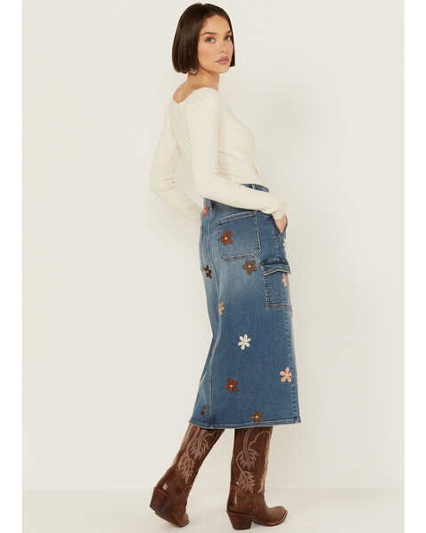 Image #3 - Driftwood Women's Medium Wash Floral Embroidered Denim Cargo Midi Skirt , Dark Wash, hi-res