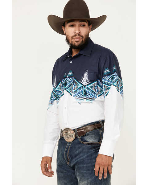 Image #2 - Panhandle Men's Southwestern Border Print Long Sleeve Pearl Snap Western Shirt, White, hi-res