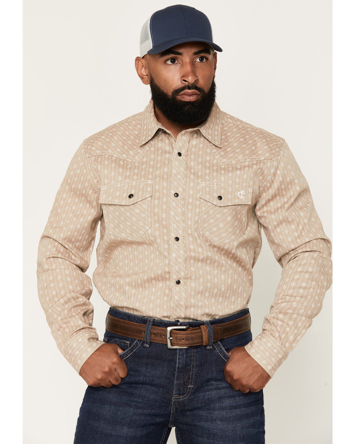 Cody James Men's FR Paisley Striped Print Long Sleeve Snap Stretch Work Shirt, Tan, hi-res