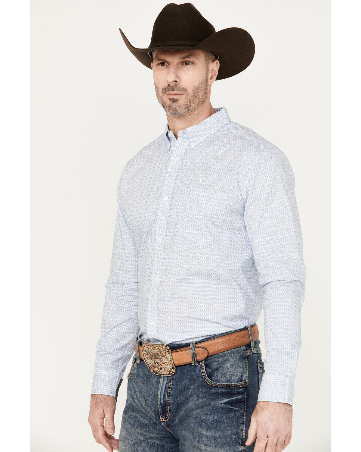 Image #2 - Cody James Men's Fish Net Geo Print Long Sleeve Button-Down Western Shirt, Light Blue, hi-res