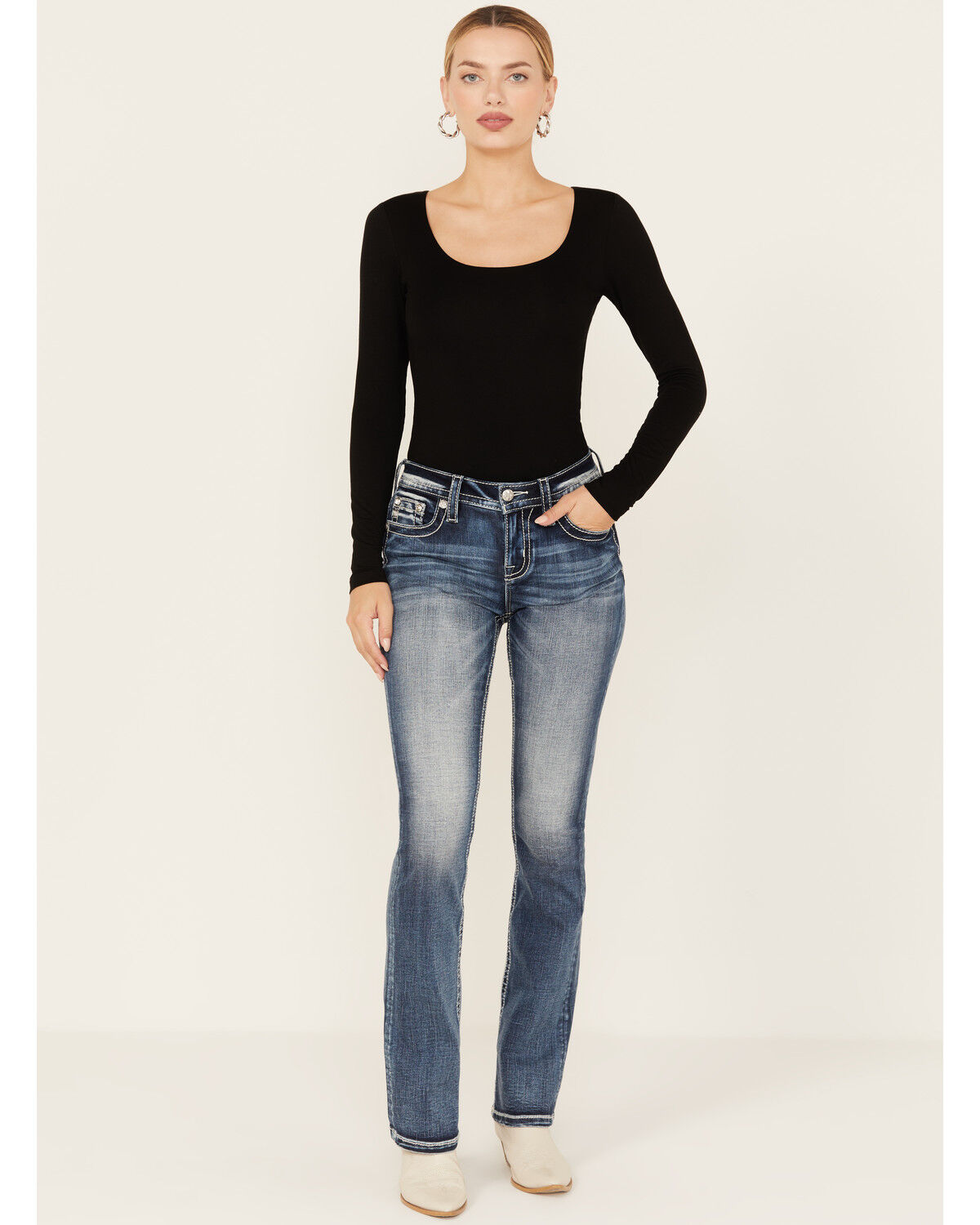 Image #3 - Miss Me Women's Dark Wash Mid Rise Stretch Bootcut Jeans, Dark Wash, hi-res