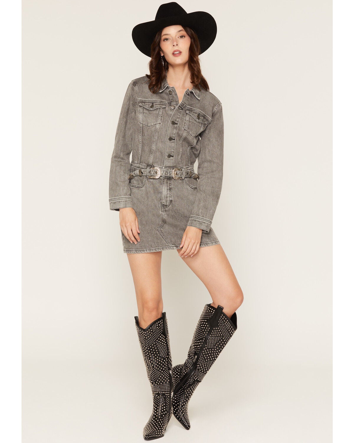 Image #1 - Rock & Roll Denim Women's Double Western Buckle Long Sleeve Denim Mini Dress, Black, hi-res