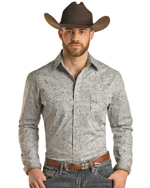 Image #1 - Rough Stock by Panhandle Men's Paisley Print Long Sleeve Snap Stretch Western Shirt - Big , Blue, hi-res