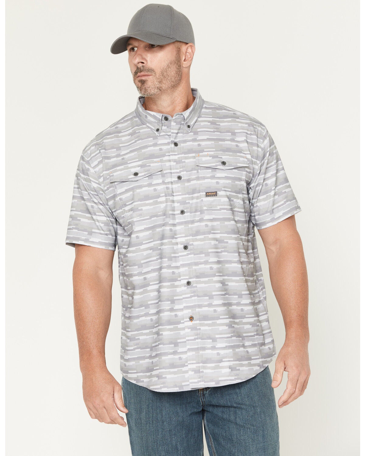 Image #1 - Ariat Men's Rebar Made Tough VentTEK Short Sleeve Button-Down Stretch Work Shirt, Light Grey, hi-res