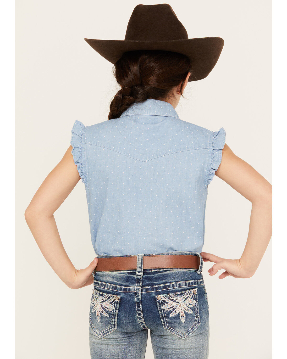 Image #4 - Shyanne Girls' Chambray Pearl Snap Western Shirt, Medium Blue, hi-res